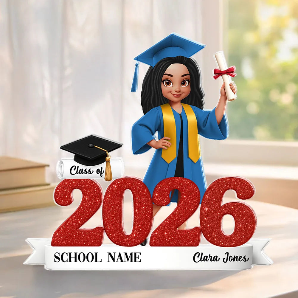 Personalized Class of Graduation Shaped Acrylic Block Plaque, Cute Grad Holding Diploma Shelf Decor, Unique Gift