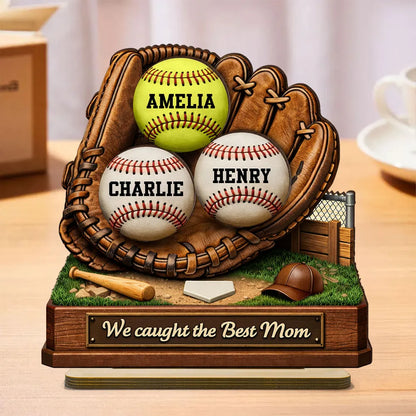 Personalized 2-Layer Wooden Plaque Baseball Glove Design for Mom, We Caught the Best Mom, Unique Gift for Baseball Families
