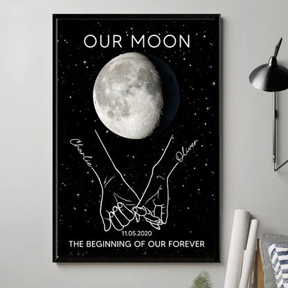 Personalized Moon Phase Couple Holding Hands Line Art Poster, Romantic Starry Night Wall Decor, Unique Gift