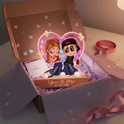 Personalized Shaped Acrylic Block LED Plaque Cute Cartoon Couple in Heart Glow Romantic Unique Gift for Girlfriend or Boyfriend