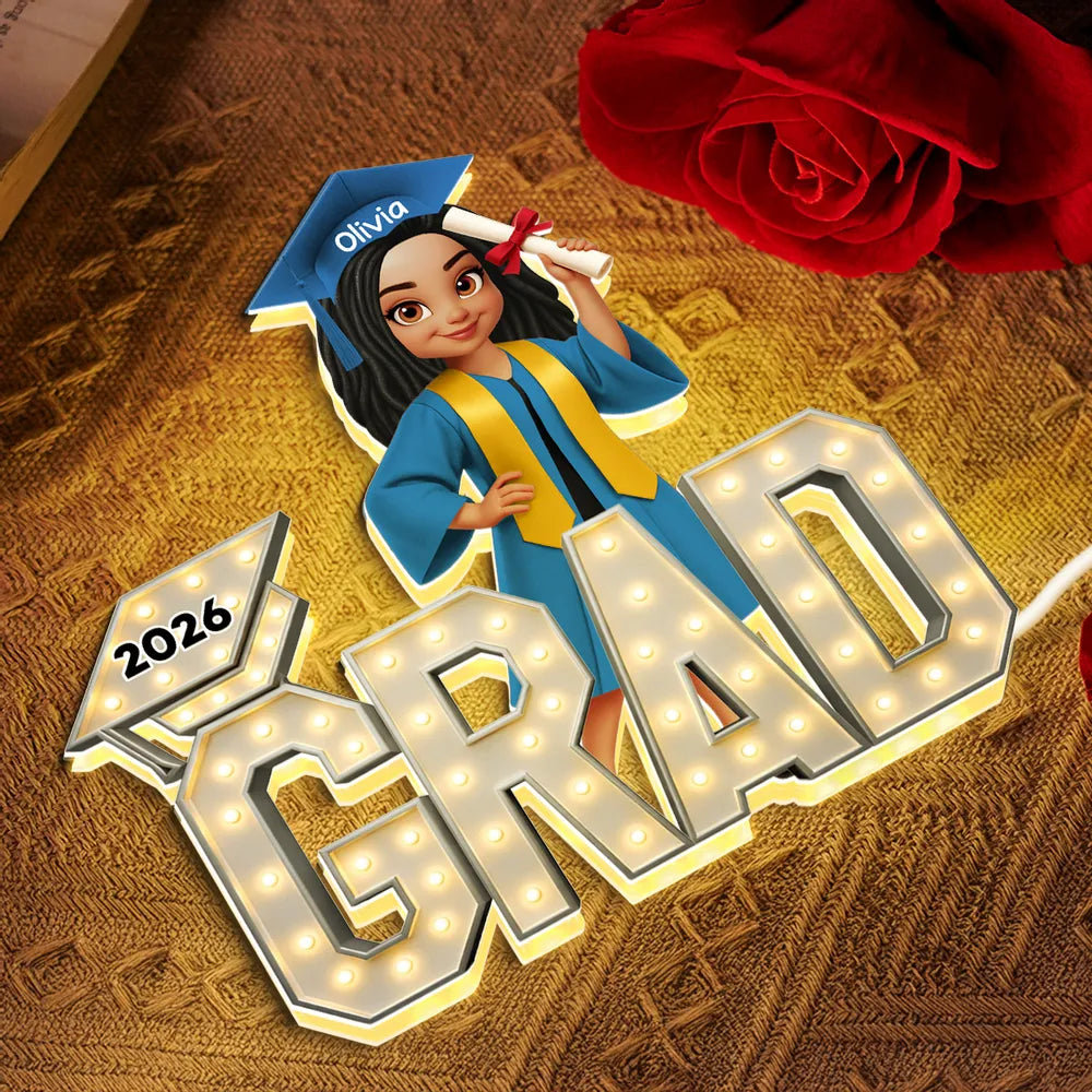 Personalized Acrylic Light Box Graduation Decor, Cute Cartoon Grad Holding Diploma, Warm Glow Unique Gift