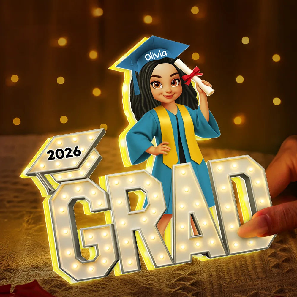 Personalized Acrylic Light Box Graduation Decor, Cute Cartoon Grad Holding Diploma, Warm Glow Unique Gift