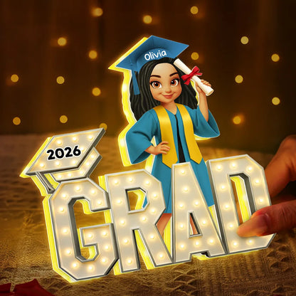 Personalized Acrylic Light Box Graduation Decor, Cute Cartoon Grad Holding Diploma, Warm Glow Unique Gift