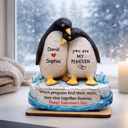 Personalized 2-Layer Wooden Plaque Penguin Couple Hugging for Valentine's Day, a Unique Romantic Gift for Him or Her