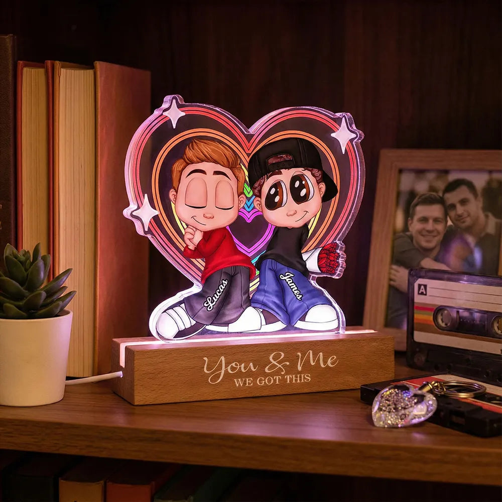 Personalized Shaped Acrylic Block LED Plaque Cute Cartoon Couple in Heart Glow Romantic Unique Gift for Girlfriend or Boyfriend
