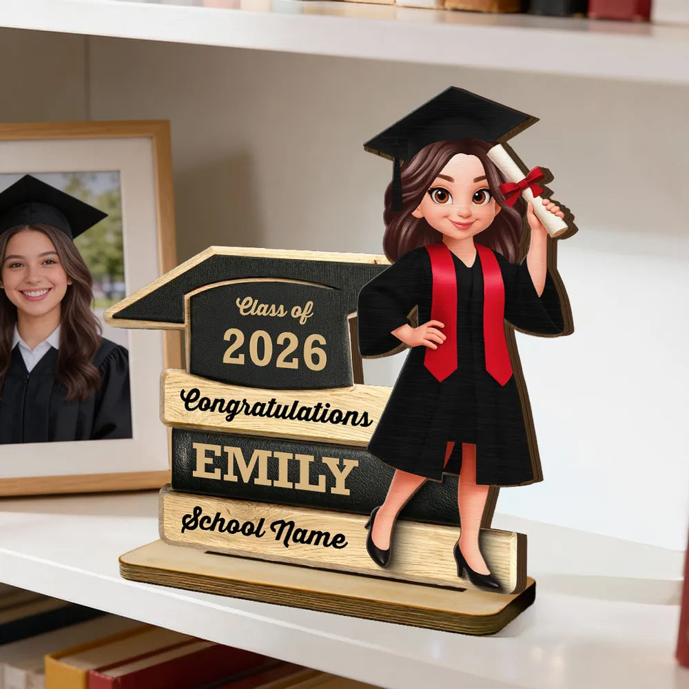 Personalized Graduation 2-Layer Wooden Plaque, Cartoon Grad Holding Diploma, Warm Wood Look, Unique Creative Gift