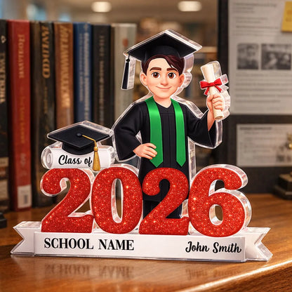 Personalized Class of Graduation Shaped Acrylic Block Plaque, Cute Grad Holding Diploma Shelf Decor, Unique Gift