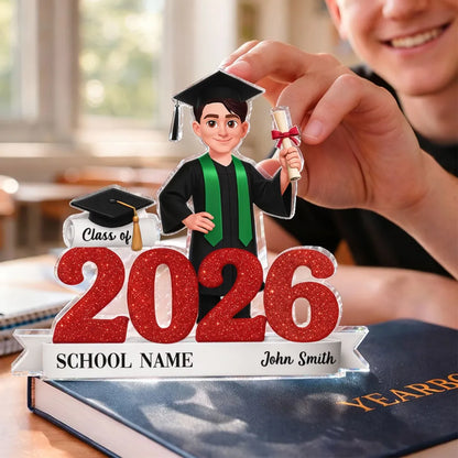 Personalized Class of Graduation Shaped Acrylic Block Plaque, Cute Grad Holding Diploma Shelf Decor, Unique Gift