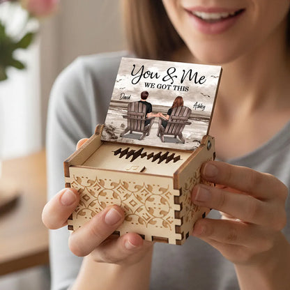Personalized Wooden Music Box with Beach Couple Sitting in Chairs, You & Me Quote, Unique Romantic Gift for Couple