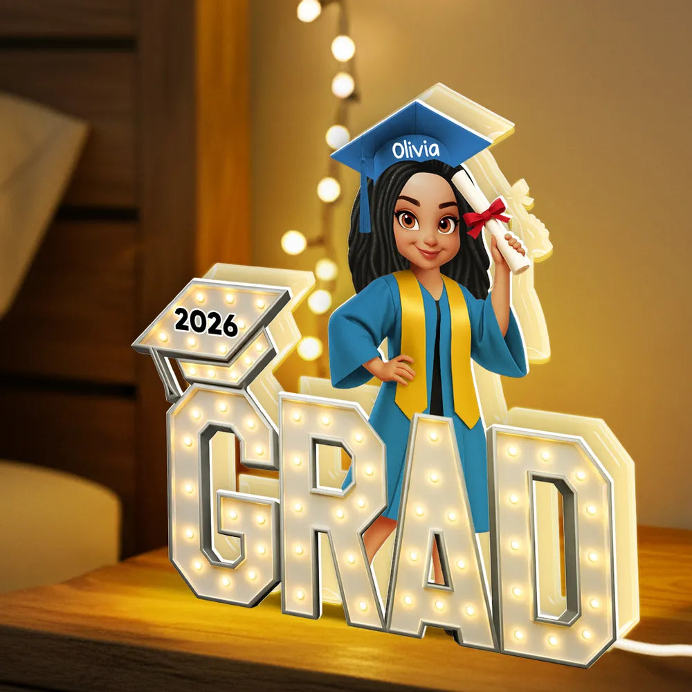 Personalized Acrylic Light Box Graduation Decor, Cute Cartoon Grad Holding Diploma, Warm Glow Unique Gift