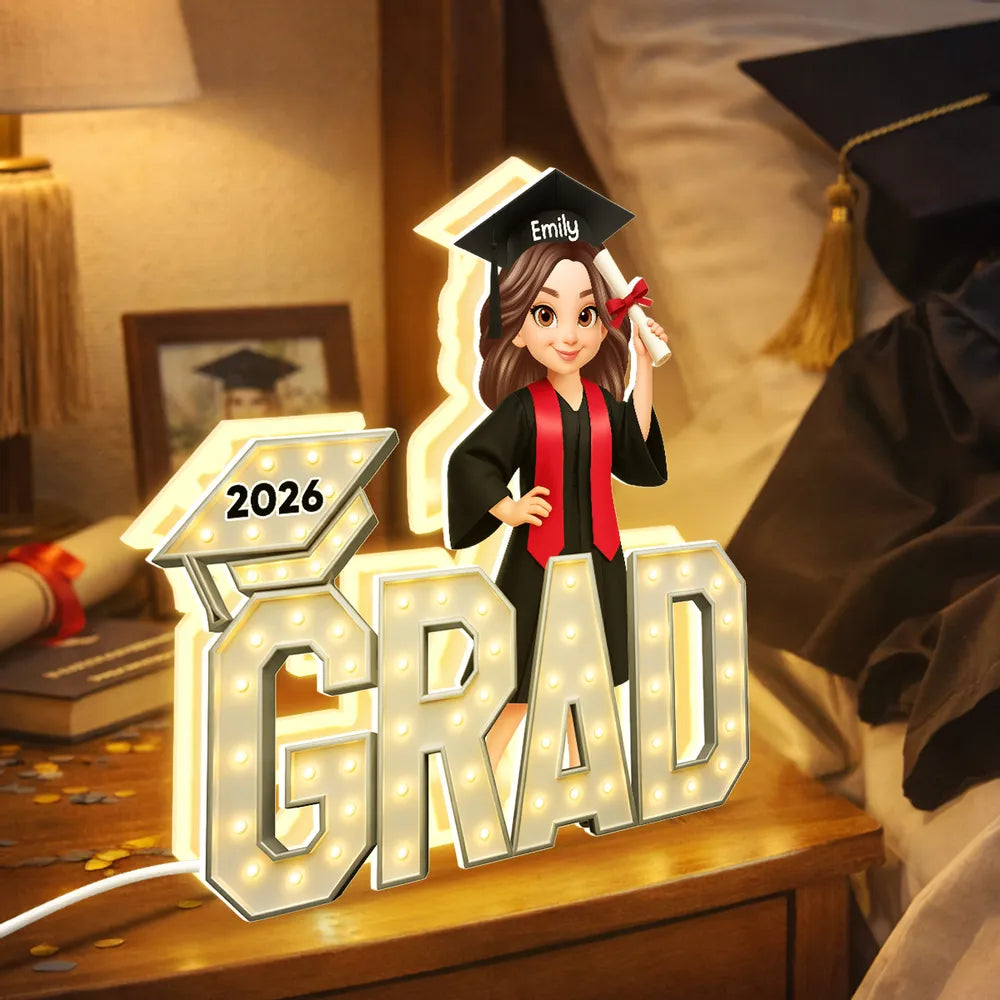 Personalized Acrylic Light Box Graduation Decor, Cute Cartoon Grad Holding Diploma, Warm Glow Unique Gift
