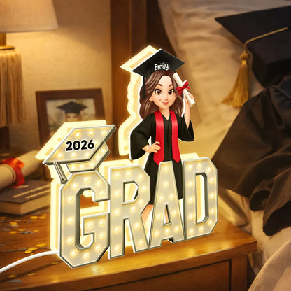Personalized Acrylic Light Box Graduation Decor, Cute Cartoon Grad Holding Diploma, Warm Glow Unique Gift