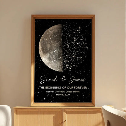 Personalized Moon Phase & Star Map Poster, Unique Gift for Couple, Custom Night Sky Wall Art