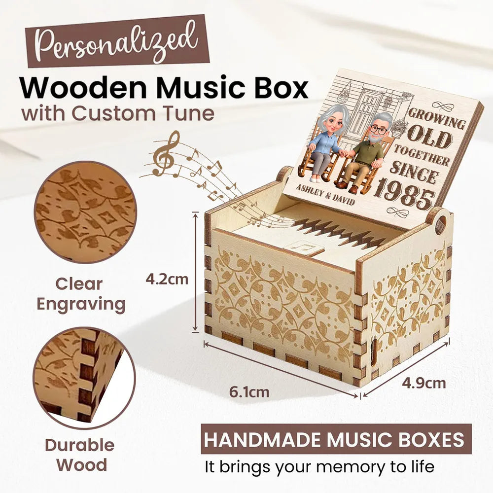 Personalized Wooden Music Box, Growing Old Together Couple Design, Sweet Anniversary Gift for Husband or Wife
