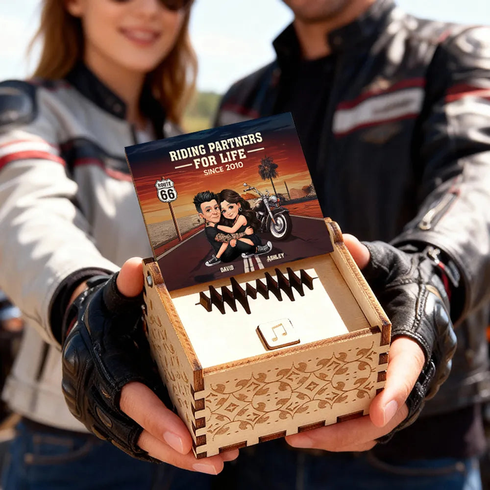 Personalized Wooden Music Box, Riding Partners For Life Couple Hugging by Motorcycle Sunset, Unique Gift for Husband or Wife
