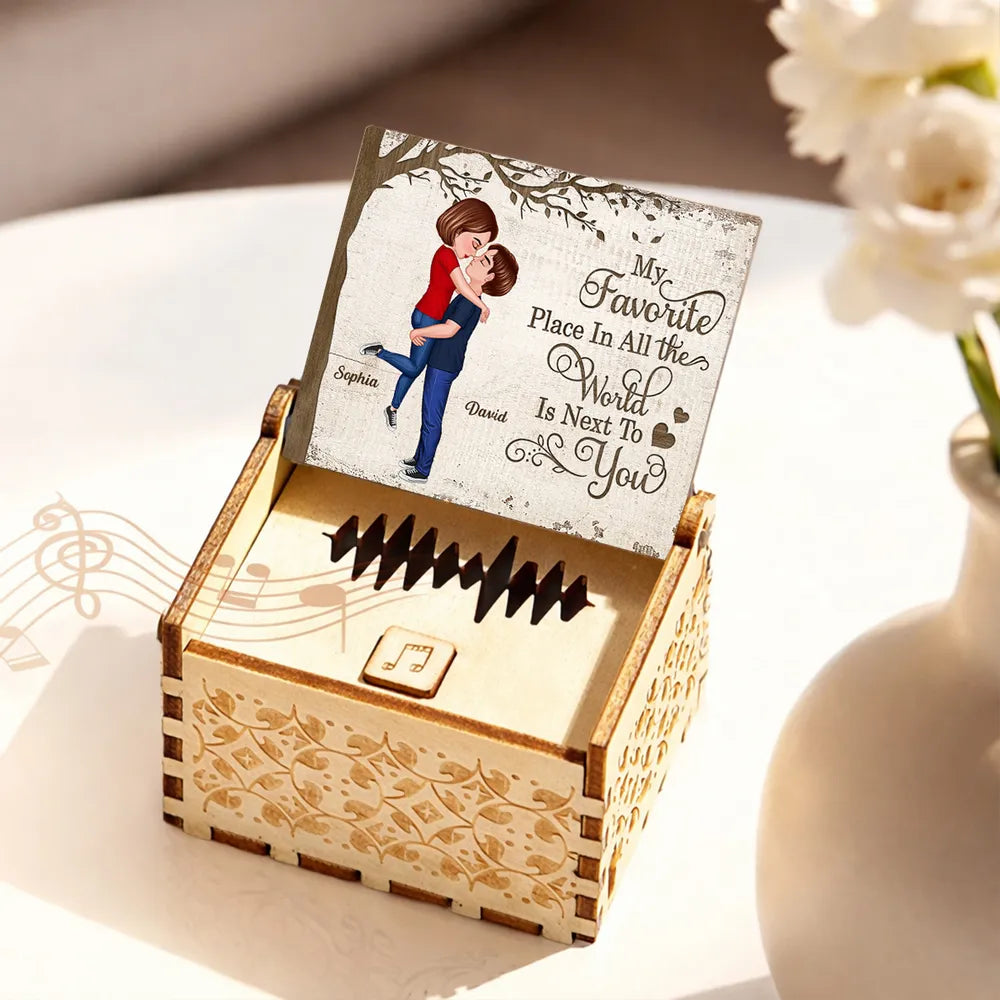 Personalized Wooden Music Box with Kissing Couple and 'My Favorite Place Is Next to You' - Unique Romantic Gift