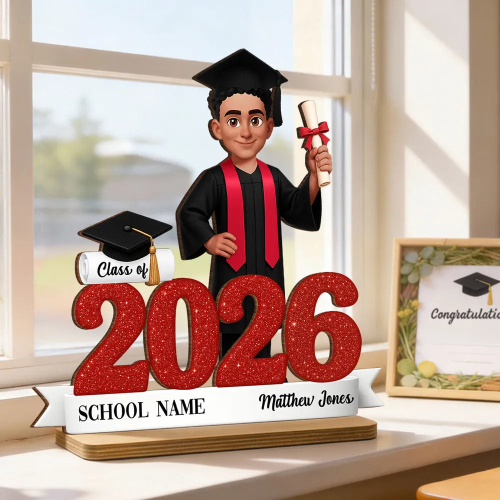 Custom Class Celebration 2-Layer Wooden Plaque, Cute Graduate Figure and Glitter Year Sign, Heartfelt Gift for Grad