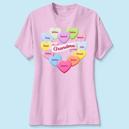 Personalized Grandma Classic Tee, Candy Heart Names Design for Valentine's Day, Unique Gift for Grandma