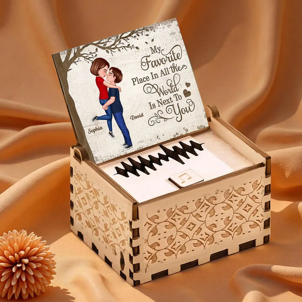 Personalized Wooden Music Box with Kissing Couple and 'My Favorite Place Is Next to You' - Unique Romantic Gift