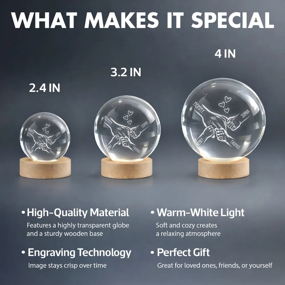 Globe Lamp Personalized for Mom, Hand-in-Hand Family Design with Hearts, Warm Night Light, Unique Mother's Day Gift
