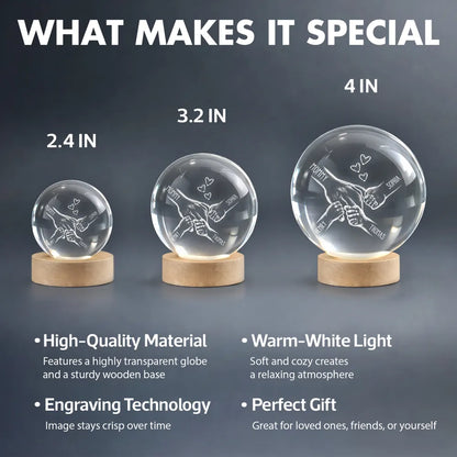 Globe Lamp Personalized for Mom, Hand-in-Hand Family Design with Hearts, Warm Night Light, Unique Mother's Day Gift