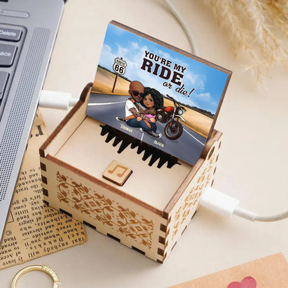 Personalized Wooden Music Box, Riding Partners For Life Couple Hugging by Motorcycle Sunset, Unique Gift for Husband or Wife