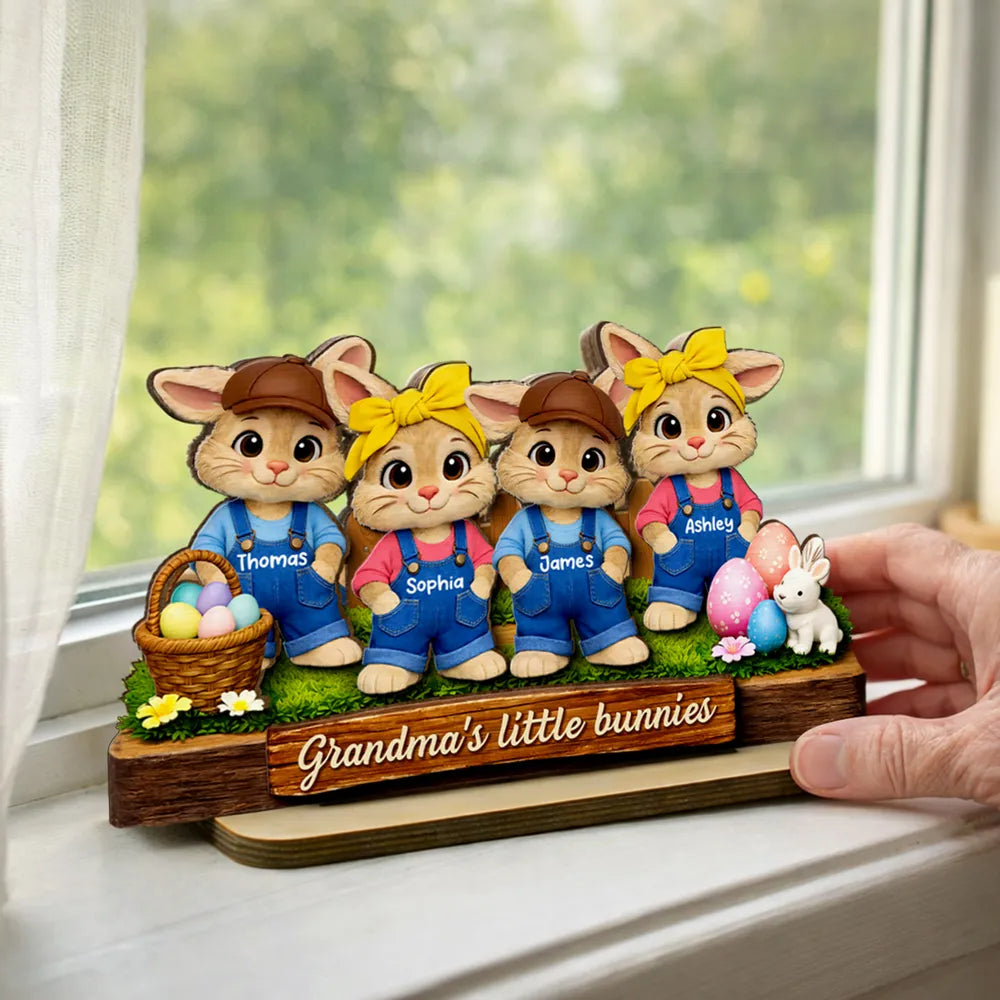 Personalized 2-Layer Wooden Plaque with Grandma's Little Bunnies, Easter Basket Scene, Unique Gift for Grandma