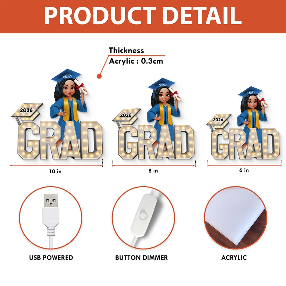 Personalized Acrylic Light Box Graduation Decor, Cute Cartoon Grad Holding Diploma, Warm Glow Unique Gift