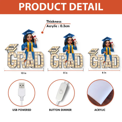 Personalized Acrylic Light Box Graduation Decor, Cute Cartoon Grad Holding Diploma, Warm Glow Unique Gift
