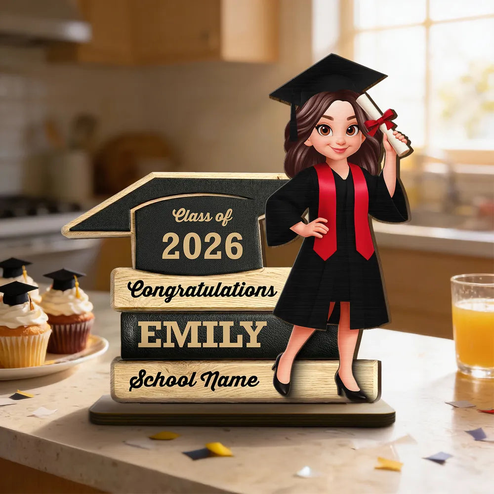 Personalized Graduation 2-Layer Wooden Plaque, Cartoon Grad Holding Diploma, Warm Wood Look, Unique Creative Gift