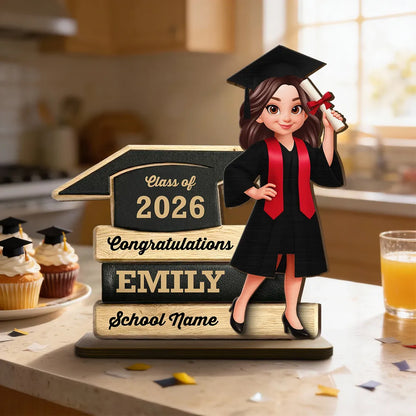 Personalized Graduation 2-Layer Wooden Plaque, Cartoon Grad Holding Diploma, Warm Wood Look, Unique Creative Gift