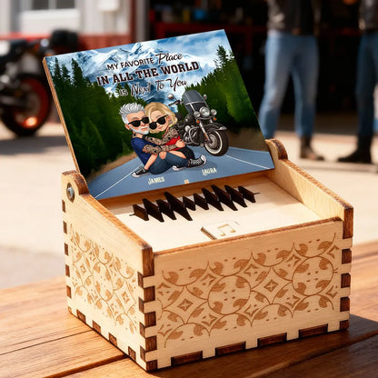 Personalized Wooden Music Box, Riding Partners For Life Couple Hugging by Motorcycle Sunset, Unique Gift for Husband or Wife