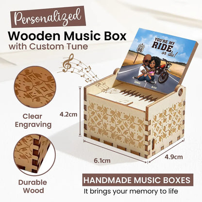 Personalized Wooden Music Box, Riding Partners For Life Couple Hugging by Motorcycle Sunset, Unique Gift for Husband or Wife
