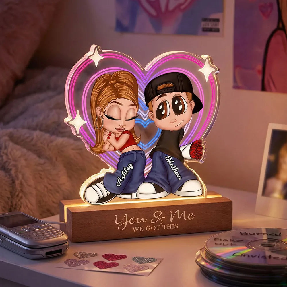 Personalized Shaped Acrylic Block LED Plaque Cute Cartoon Couple in Heart Glow Romantic Unique Gift for Girlfriend or Boyfriend