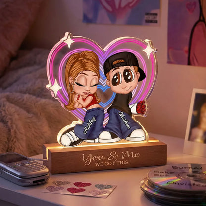 Personalized Shaped Acrylic Block LED Plaque Cute Cartoon Couple in Heart Glow Romantic Unique Gift for Girlfriend or Boyfriend