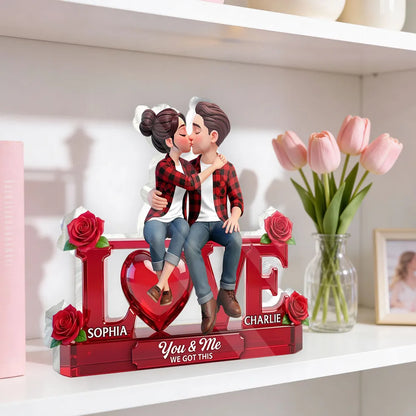 Personalized Shaped Acrylic Block Plaque with Kissing Couple on LOVE and Roses - Unique Romantic Gift for Him or Her