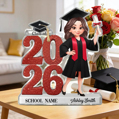 Personalized Shaped Acrylic Block Plaque Graduation Decor, Cute Cartoon Grad Holding Diploma, Unique Gift