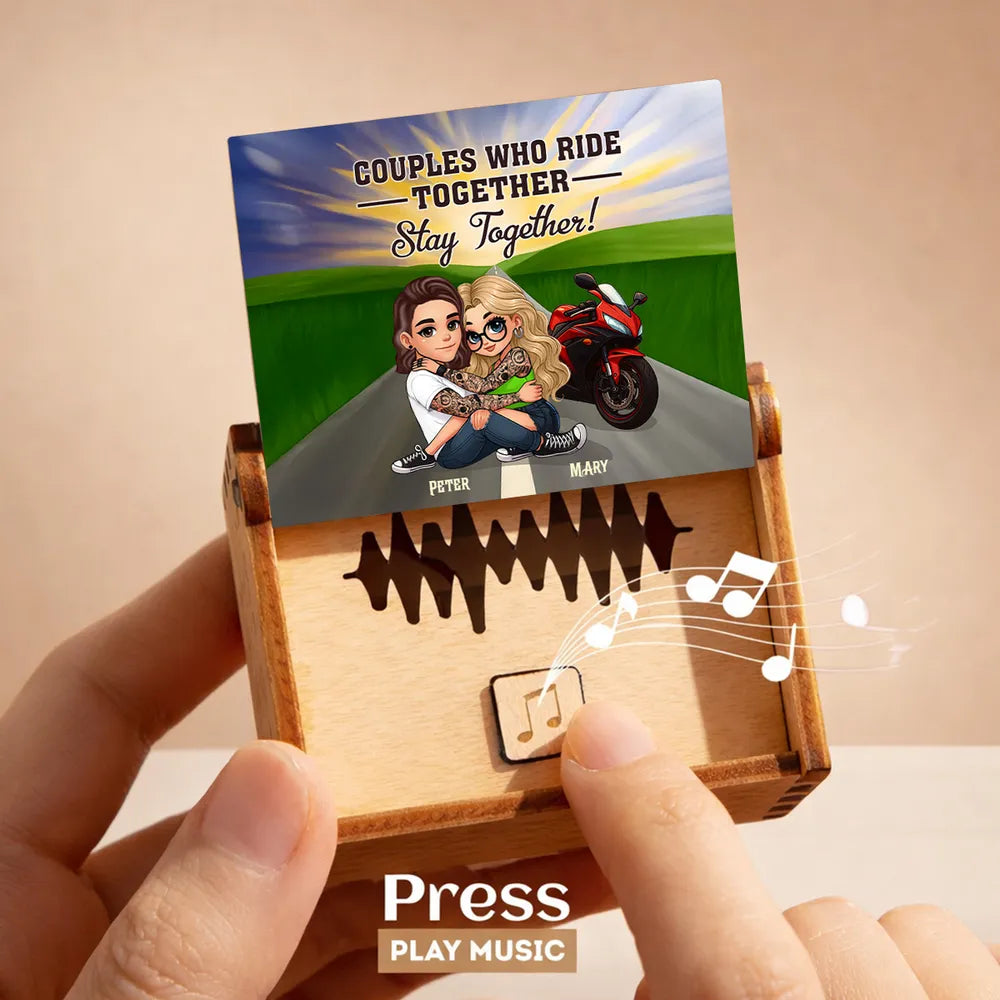Personalized Wooden Music Box, Riding Partners For Life Couple Hugging by Motorcycle Sunset, Unique Gift for Husband or Wife