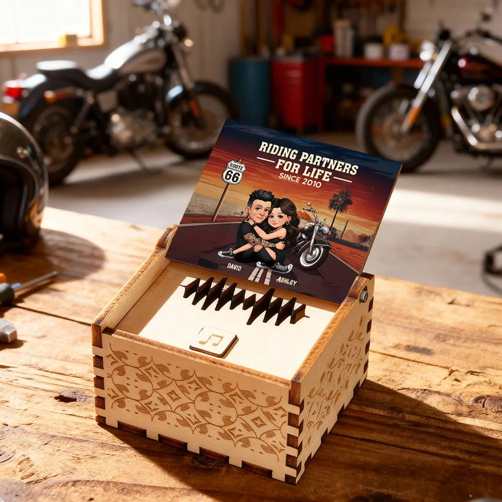 Personalized Wooden Music Box, Riding Partners For Life Couple Hugging by Motorcycle Sunset, Unique Gift for Husband or Wife