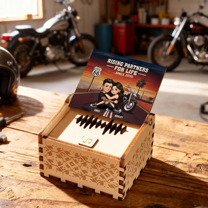 Personalized Wooden Music Box, Riding Partners For Life Couple Hugging by Motorcycle Sunset, Unique Gift for Husband or Wife
