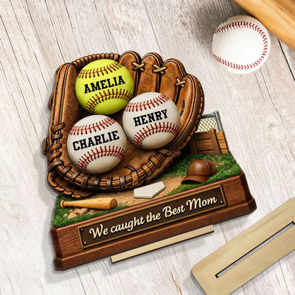 Personalized 2-Layer Wooden Plaque Baseball Glove Design for Mom, We Caught the Best Mom, Unique Gift for Baseball Families