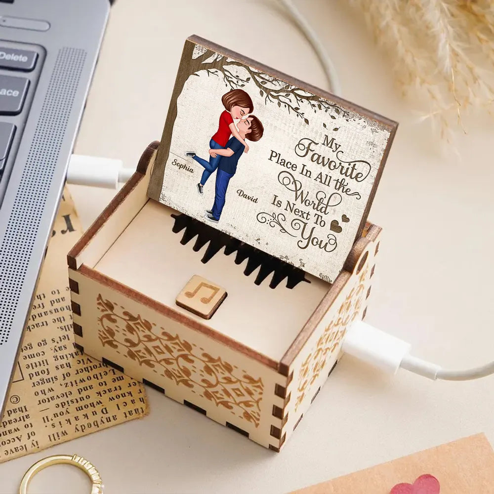 Personalized Wooden Music Box with Kissing Couple and 'My Favorite Place Is Next to You' - Unique Romantic Gift
