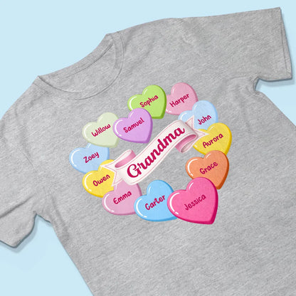 Personalized Grandma Classic Tee, Candy Heart Names Design for Valentine's Day, Unique Gift for Grandma