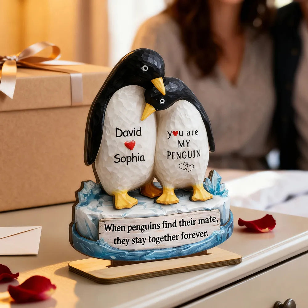 You Are My Penguin 2-Layer Wooden Plaque, Custom Names Couple Keepsake for Bedroom or Living Room, Sweet Gift for Couples