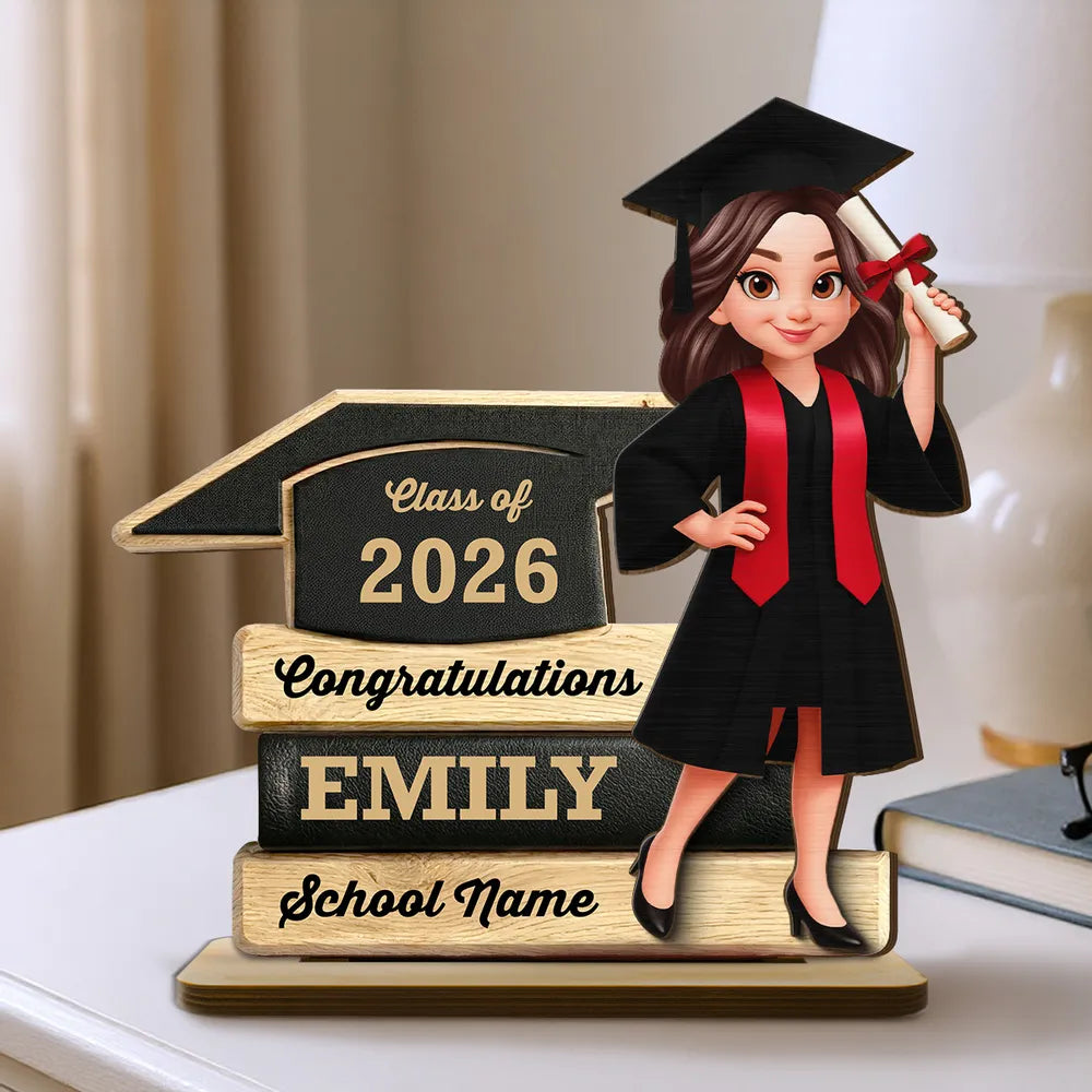 Personalized Graduation 2-Layer Wooden Plaque, Cartoon Grad Holding Diploma, Warm Wood Look, Unique Creative Gift