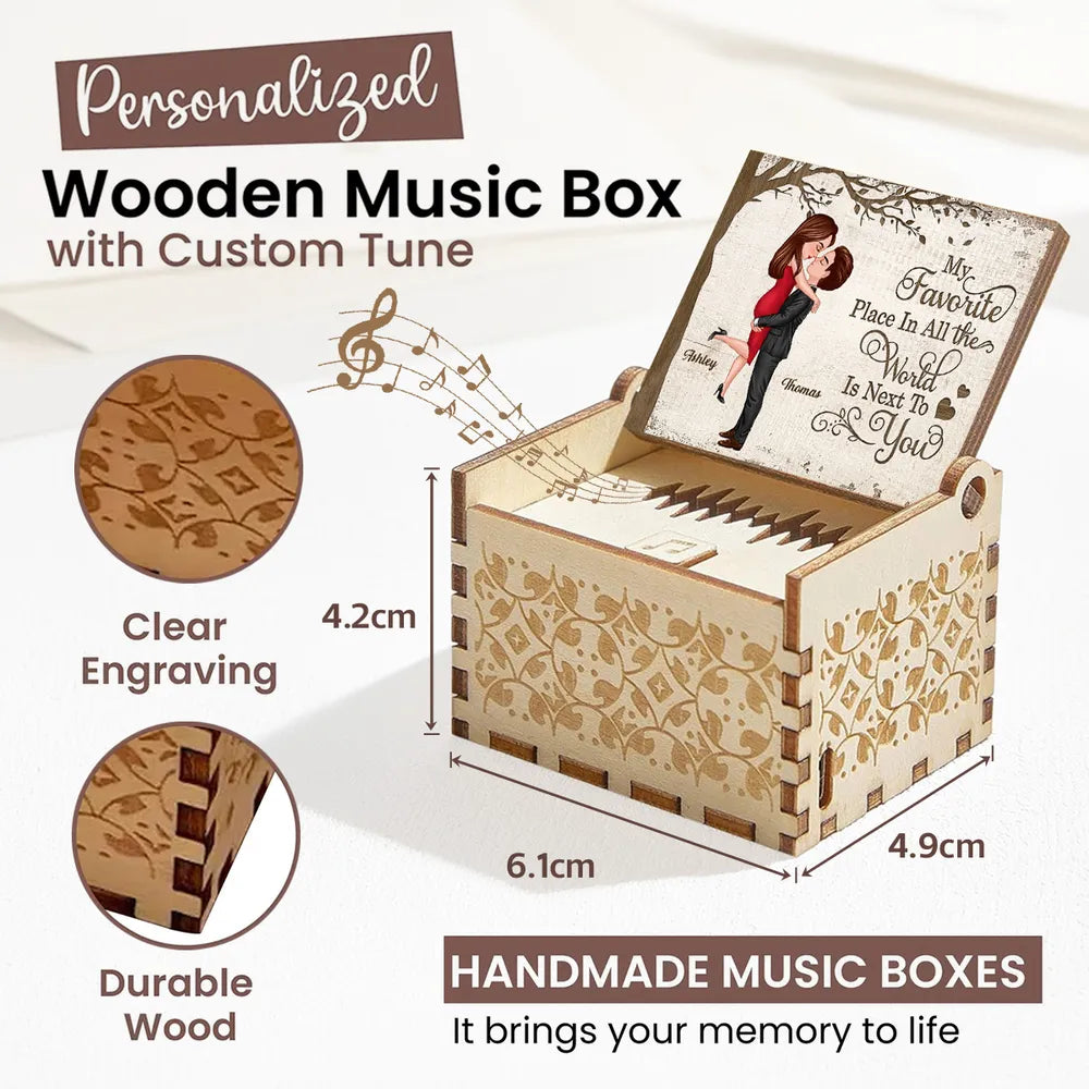 Personalized Wooden Music Box with Kissing Couple and 'My Favorite Place Is Next to You' - Unique Romantic Gift