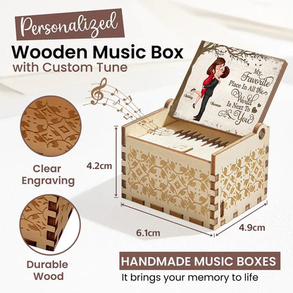 Personalized Wooden Music Box with Kissing Couple and 'My Favorite Place Is Next to You' - Unique Romantic Gift