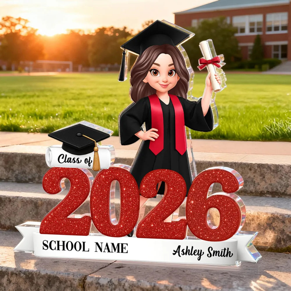 Personalized Class of Graduation Shaped Acrylic Block Plaque, Cute Grad Holding Diploma Shelf Decor, Unique Gift