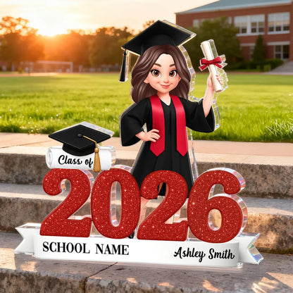 Personalized Class of Graduation Shaped Acrylic Block Plaque, Cute Grad Holding Diploma Shelf Decor, Unique Gift