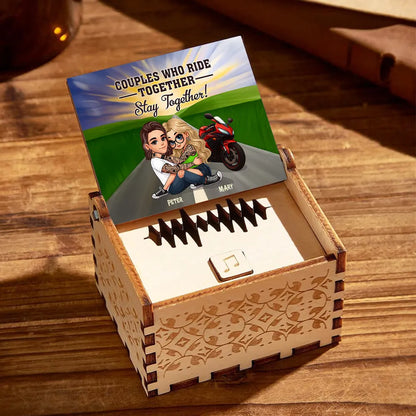 Personalized Wooden Music Box, Riding Partners For Life Couple Hugging by Motorcycle Sunset, Unique Gift for Husband or Wife